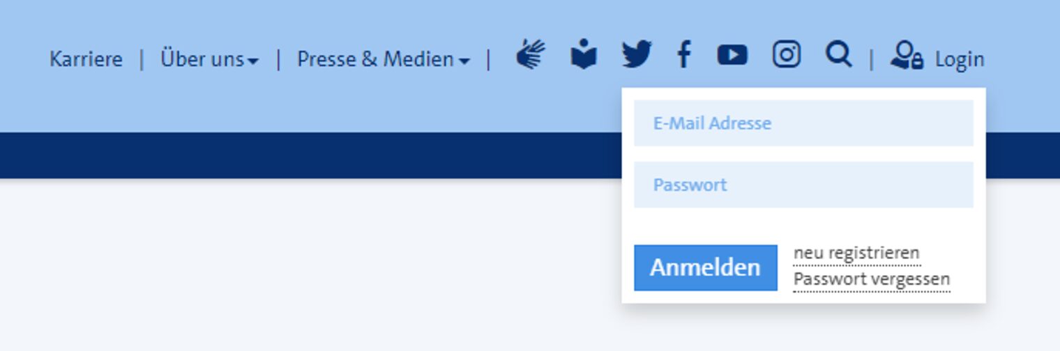 Zu sehen ist der rechte Teil der Kopfleiste mit dem aufgeklappten Login-Feld für das Kundenportal.