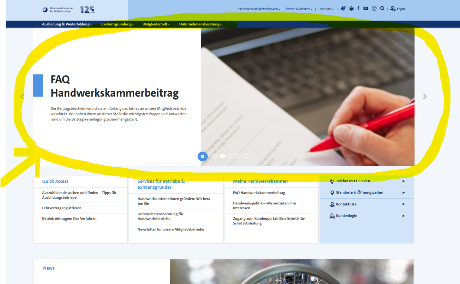 Slider auf der Startseite der Homepage von der Handwerkskammer für Mittelfranken.