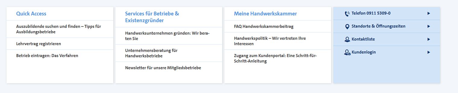 Startseitenblöcke auf der Startseite der Handwerkskammer für Mittelfranken