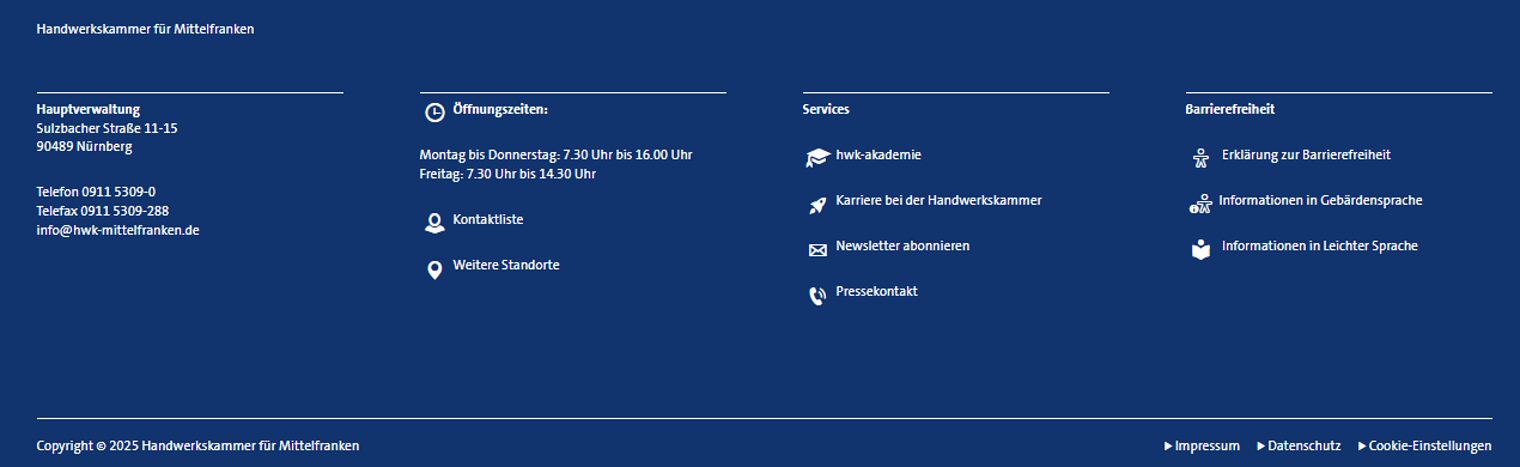 Footer der Homepage hwk-mittelfranken.de