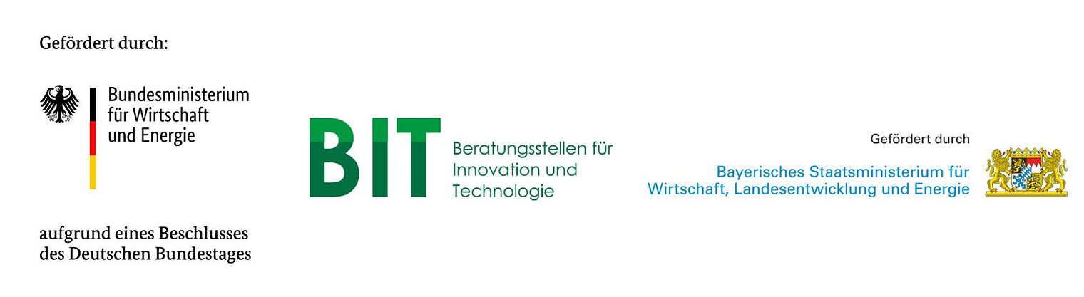 Logos: Bundeswirtschaftsministerium, Beratungsstelle für Innovation und Technologie, Bayerisches Wirtschaftsministerium