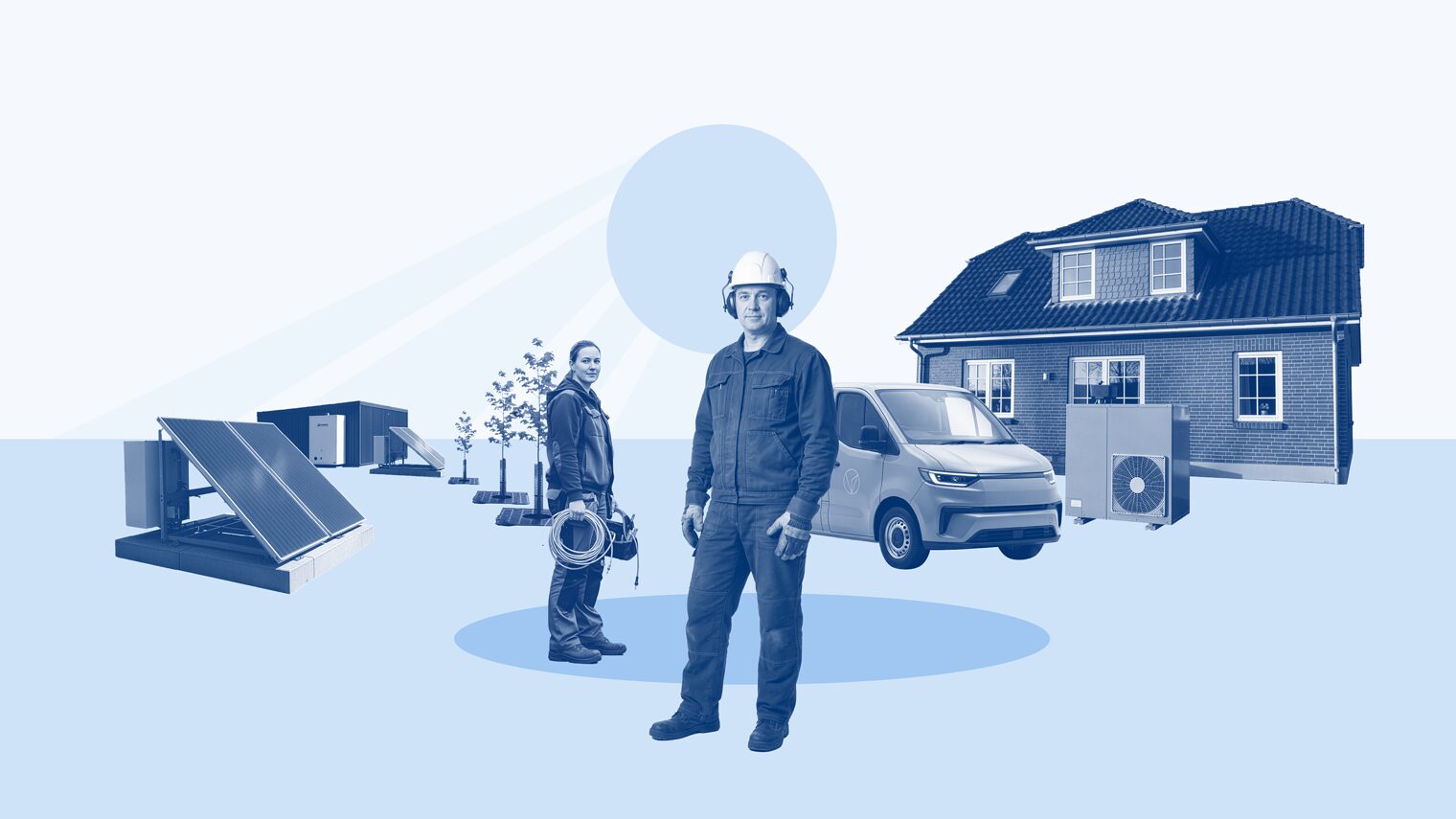 Ein Solarpanel, zwei Männer, davon einer mit Helm, ein Van und ein Wohnhaus mit Wärmepumpe. 
