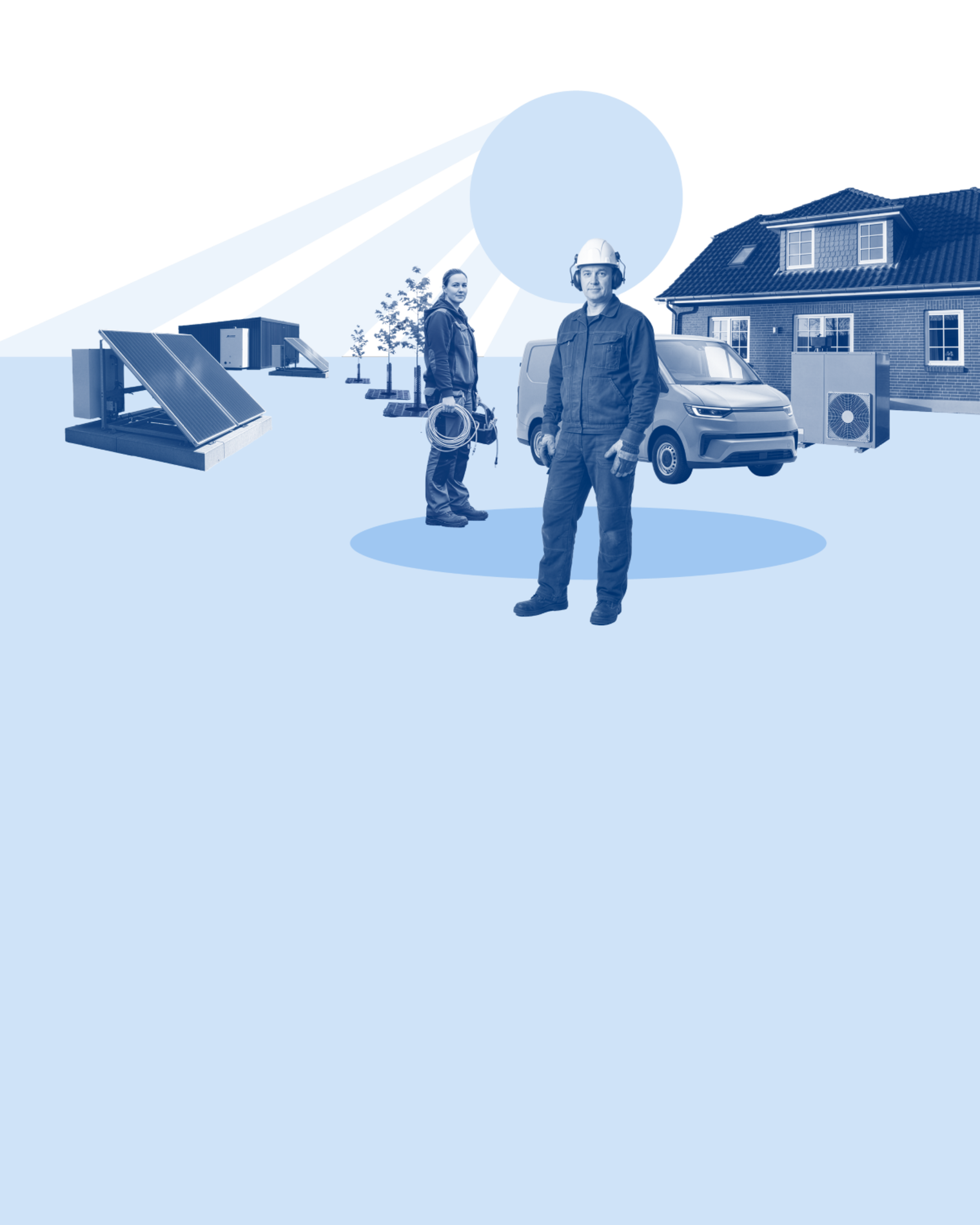 Ein Solarpanel, zwei Männer, davon einer mit Helm, ein Van und ein Wohnhaus mit Wärmepumpe. 