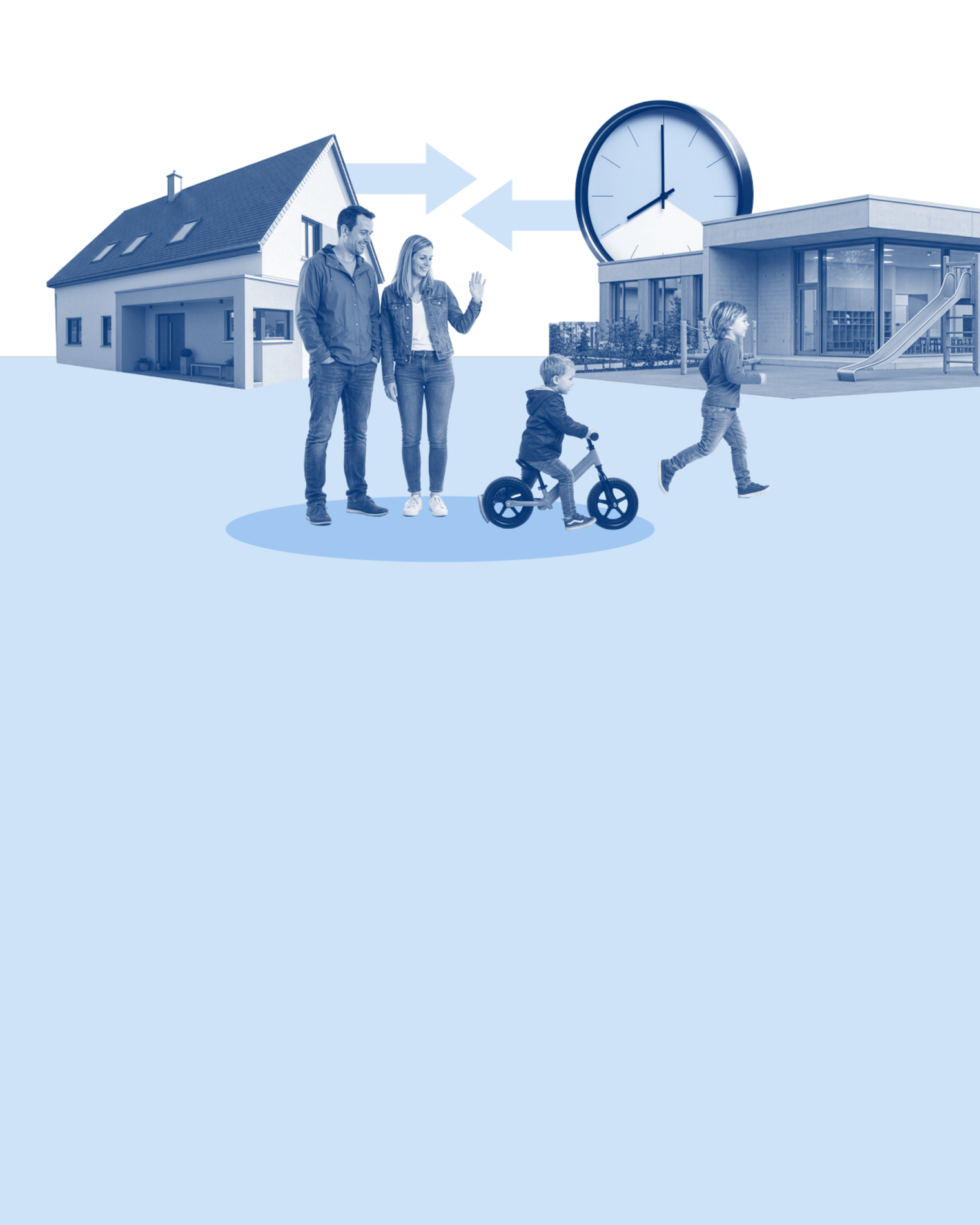 Ein Paar vor einem Einfamilienhaus winkt einem kleinen Kind auf dem Laufrad. Ein zweites Kind rennt. Eine Uhr, eine Firma.