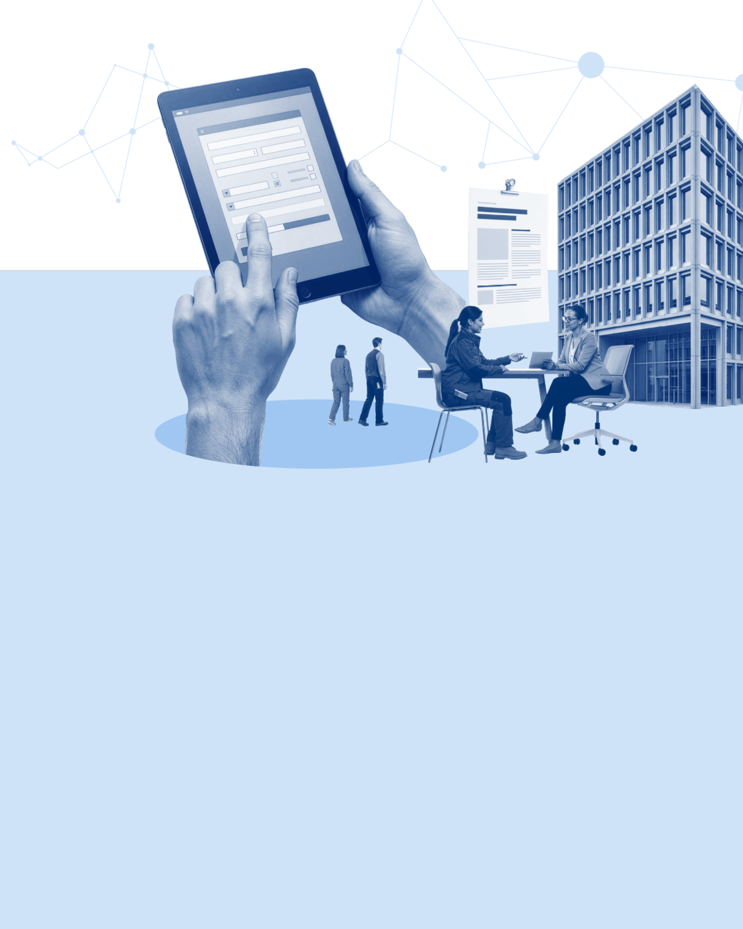 Zwei Hände halten ein Tablet. Ein Bürogebäude. Zwei Menschen unterhalten sich an einem Tisch. ein Vertrag. 