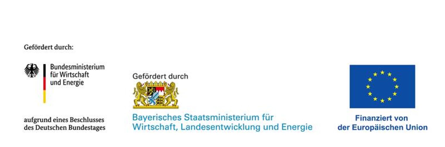 Gefördert durch: Drei Logos vom Bundeswirtschaftsministerium, bayerischen Wirtschaftsministerium und der EU