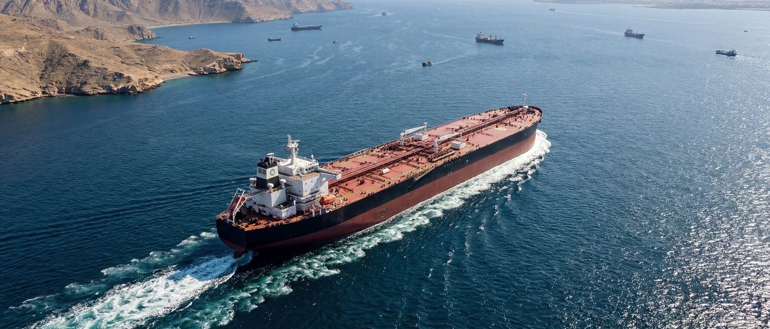 Ein Schiff fährt durch eine schmale Meerenge. Im Hintergrund sind mehrere andere Schiffe. 