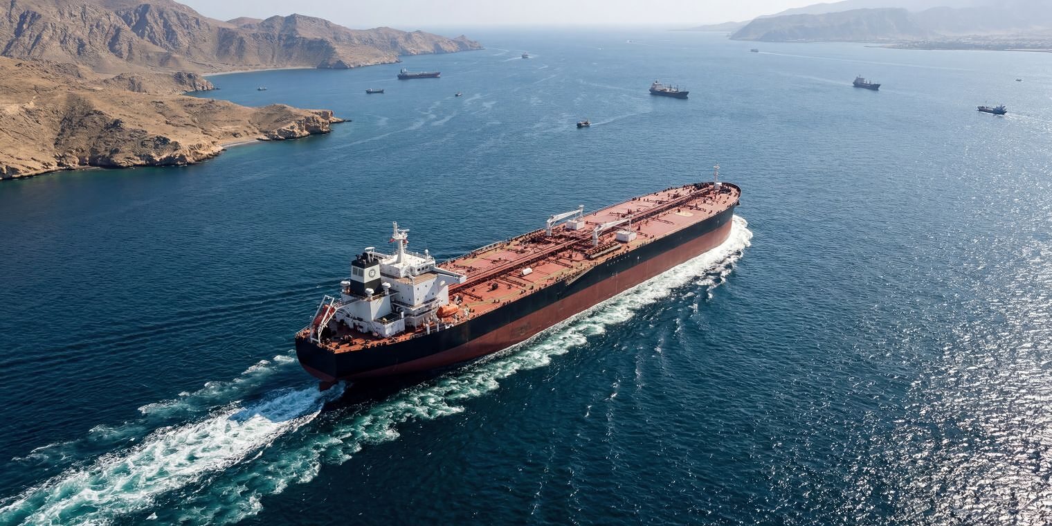 Ein Schiff fährt durch eine schmale Meerenge. Im Hintergrund sind mehrere andere Schiffe. 
