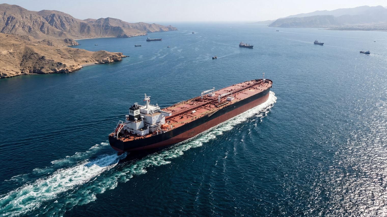 Ein Schiff fährt durch eine schmale Meerenge. Im Hintergrund sind mehrere andere Schiffe. 