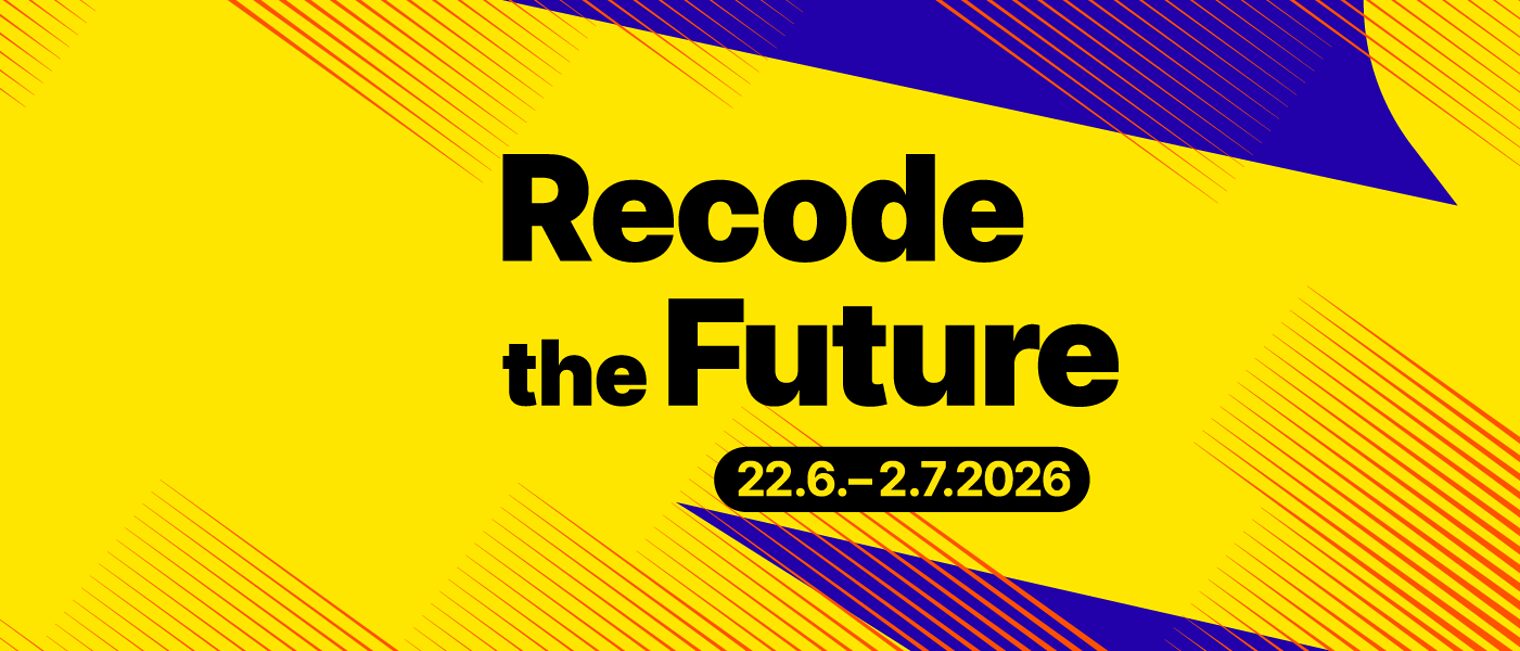 Keyvisual des Nürnberg Digital Festivals 2026: gelb-orangefarbenes Banner; Schrift "Recode the Future" + Datum 22.6.–2.7.2026