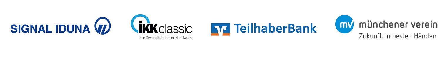 Logos der Kooperationspartner der Meisterfeier: Signal Iduna, IKK classic, TeilhaberBank, Münchener Verein