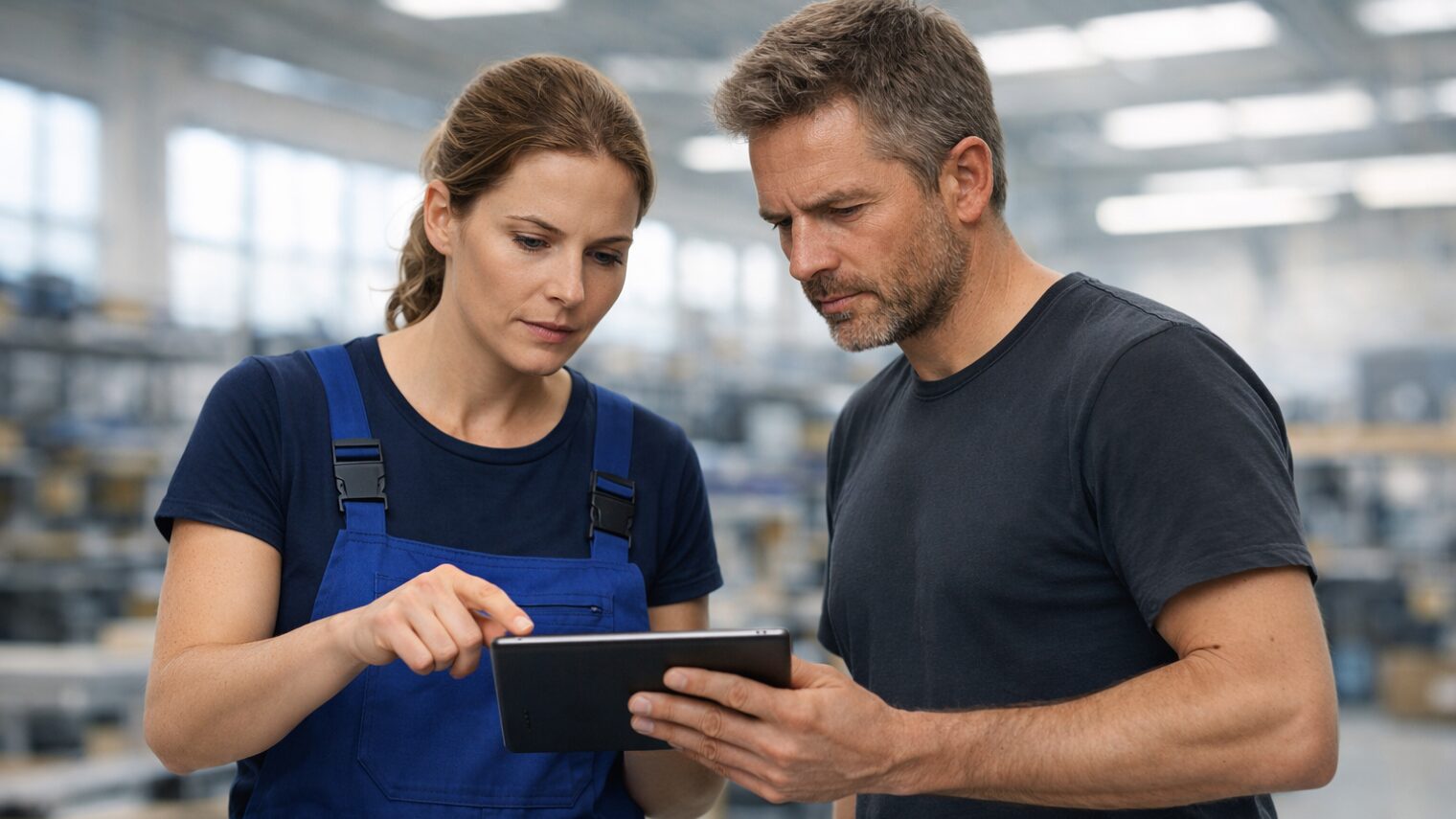 Eine Frau und ein Mann in Arbeitskleidung stehen in einer modernen Werkstatt und schauen gemeinsam auf ein Tablet. 