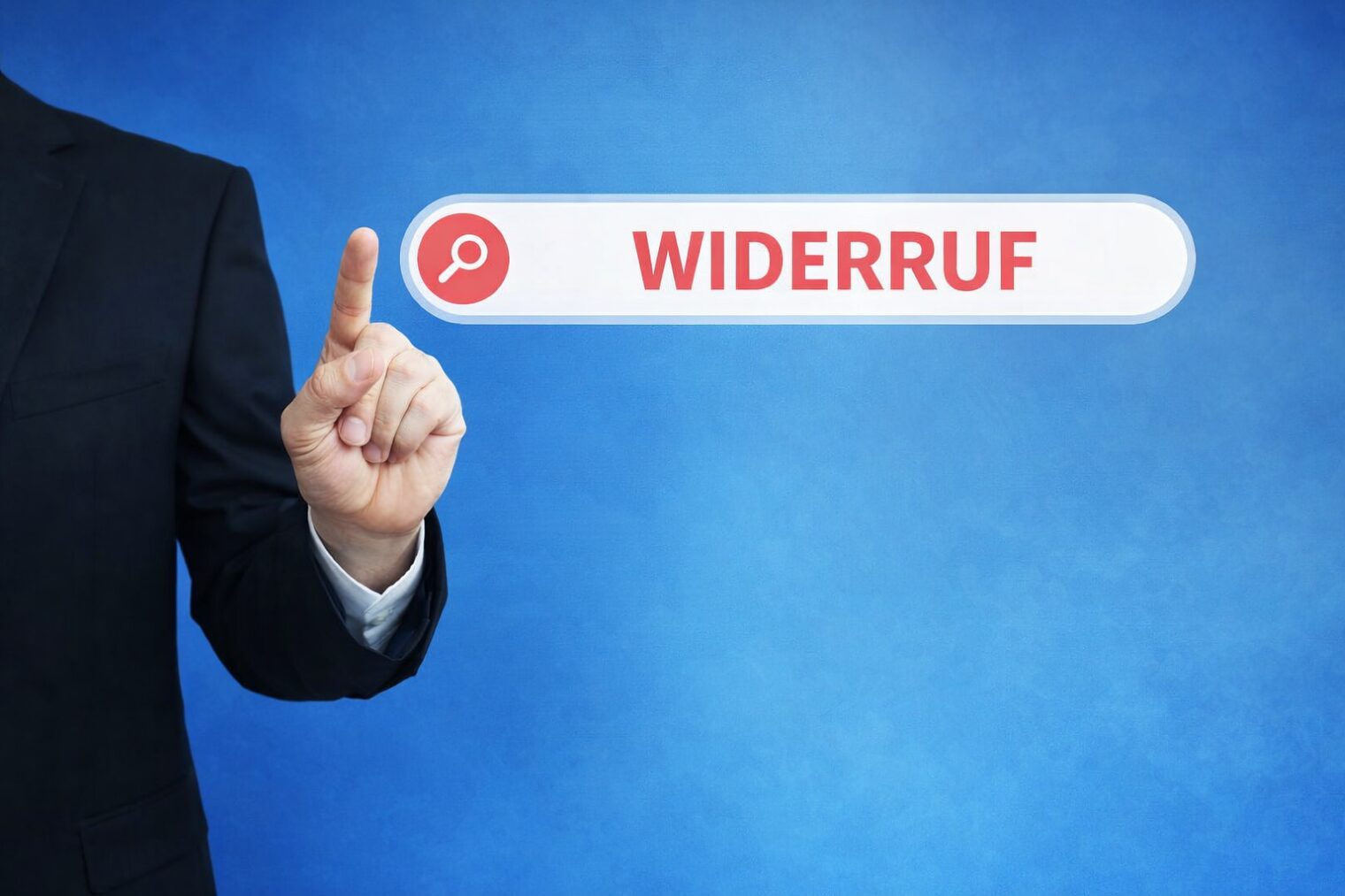 Person im Anzug tippt auf einen digitalen Button mit der Aufschrift Widerruf