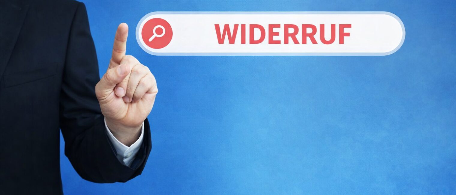 Person im Anzug tippt auf einen digitalen Button mit der Aufschrift Widerruf