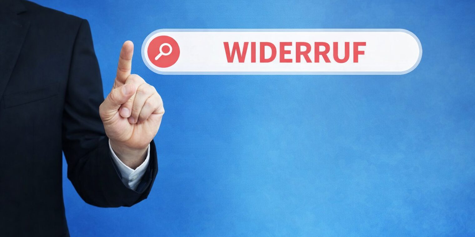Person im Anzug tippt auf einen digitalen Button mit der Aufschrift Widerruf