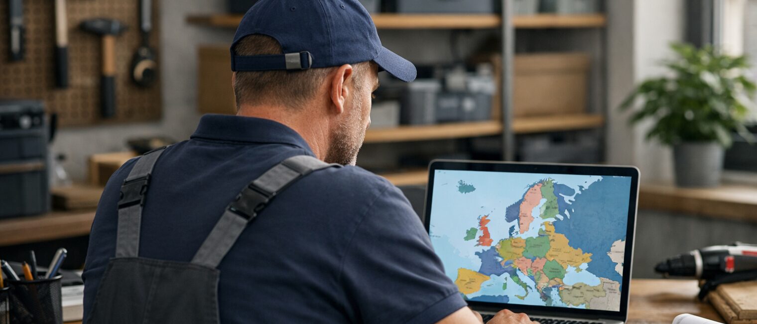 Handwerker sitzt am Laptop und informiert sich über Aufträge und Dienstleistungserbringung in Europa.