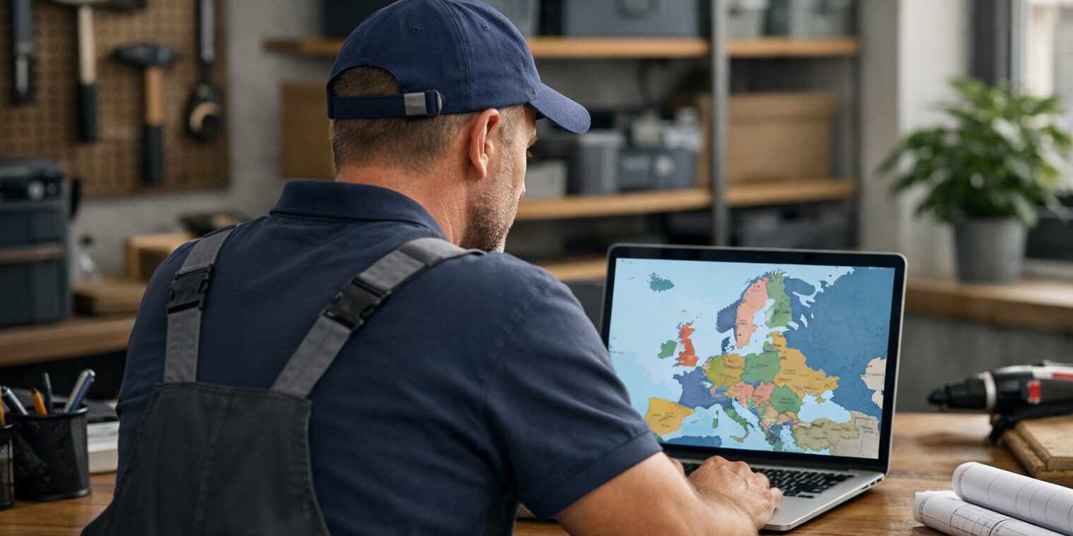 Handwerker sitzt am Laptop und informiert sich über Aufträge und Dienstleistungserbringung in Europa.