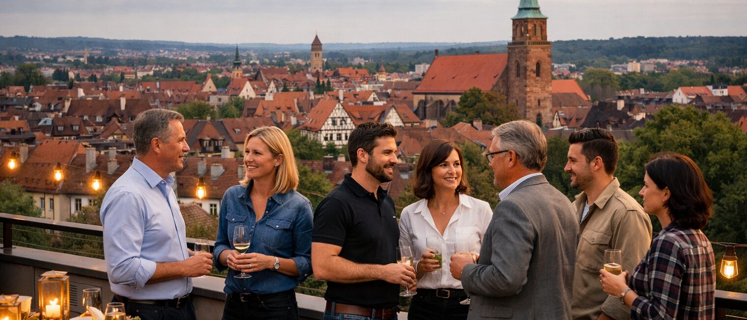 Sechs Personen stehen bei Abendstimmung auf einer Dachterrasse mit Blick über die Dächer von Fürth und unterhalten sich.