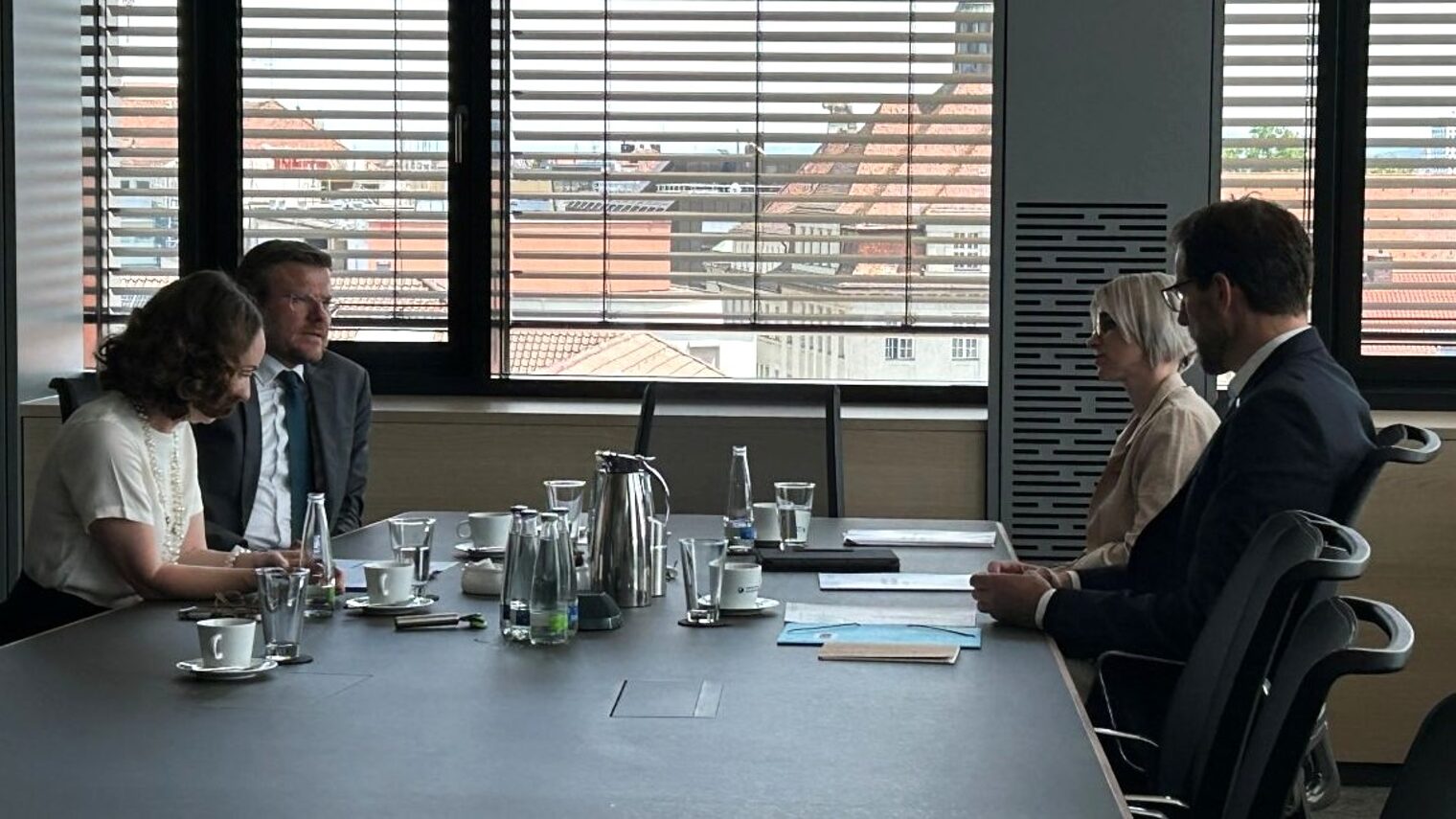 Vier Personen sitzen sich an einem Konferenztisch gegenüber und führen ein Gespräch. 