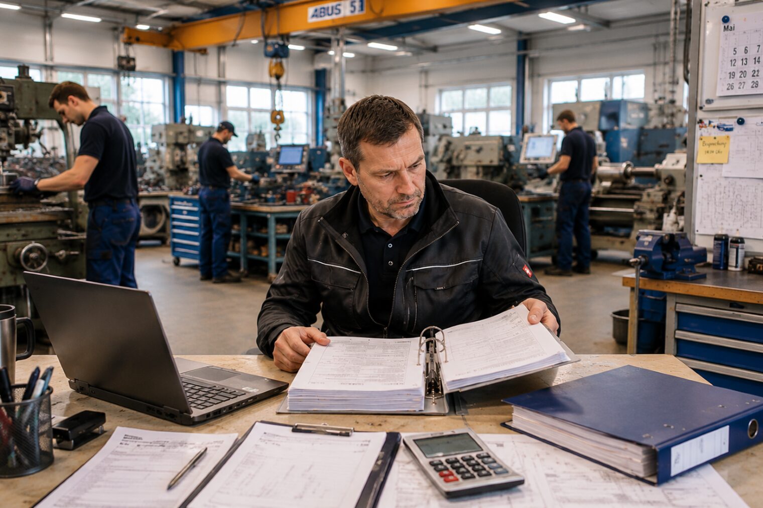 Mann sitzt in einer Werkstatt an einem Schreibtisch mit Laptop, Ordnern und Taschenrechner und blättert in Unterlagen. 