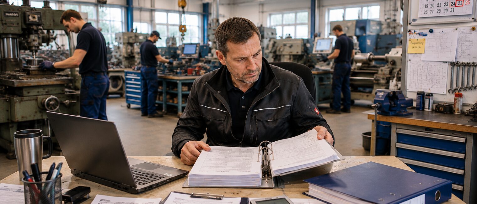 Mann sitzt in einer Werkstatt an einem Schreibtisch mit Laptop, Ordnern und Taschenrechner und blättert in Unterlagen. 