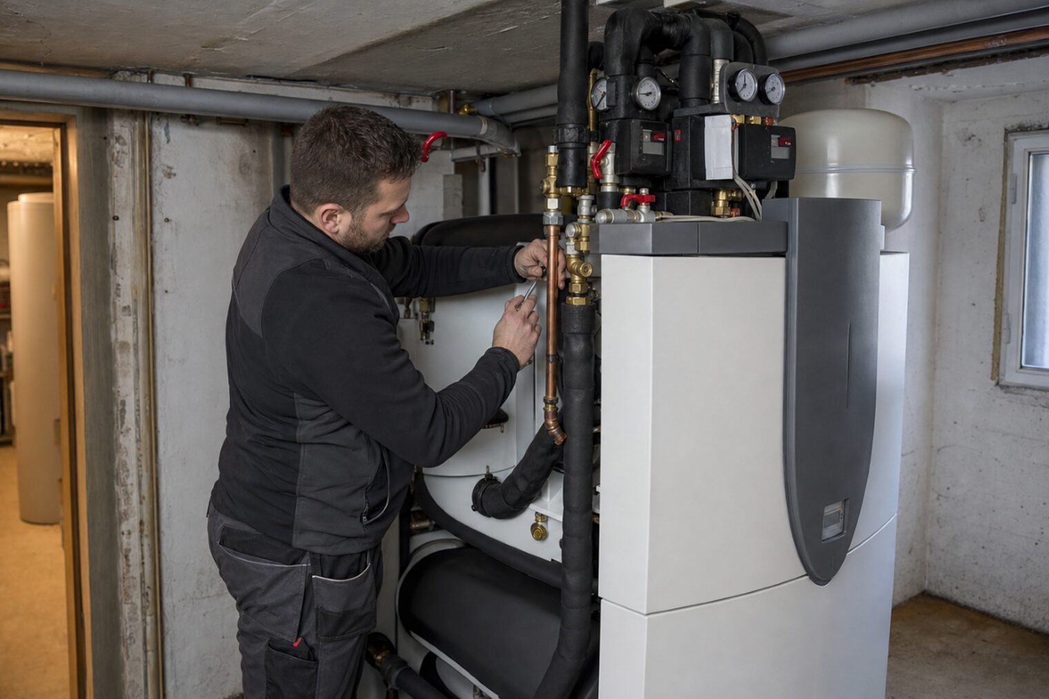 SHK-Handwerker installiert eine Wärmepumpe im Heizungskeller, konzentriert bei der Arbeit an der Anlage.