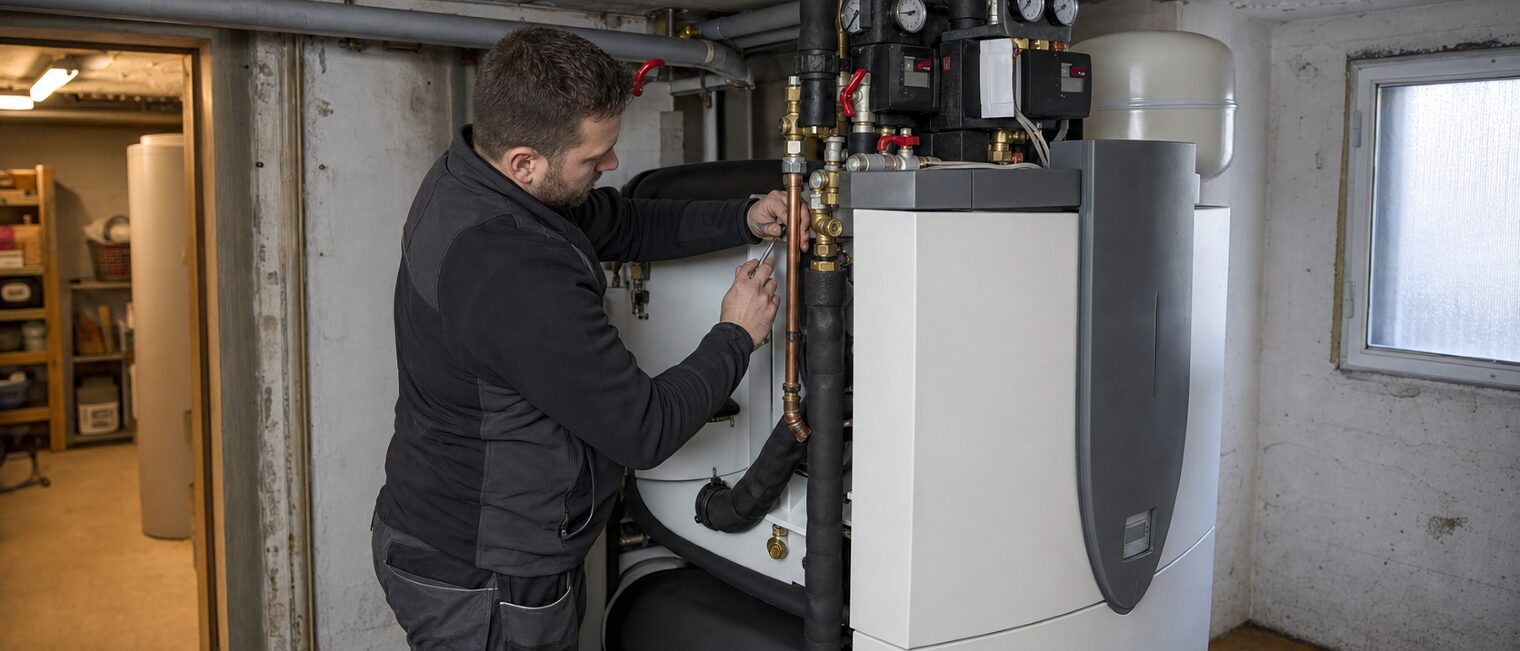 SHK-Handwerker installiert eine Wärmepumpe im Heizungskeller, konzentriert bei der Arbeit an der Anlage.