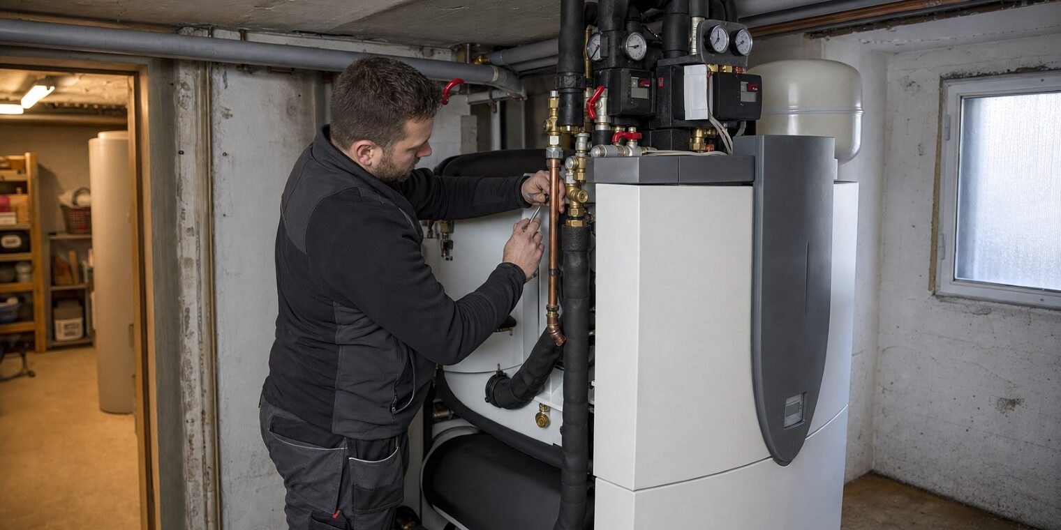 SHK-Handwerker installiert eine Wärmepumpe im Heizungskeller, konzentriert bei der Arbeit an der Anlage.