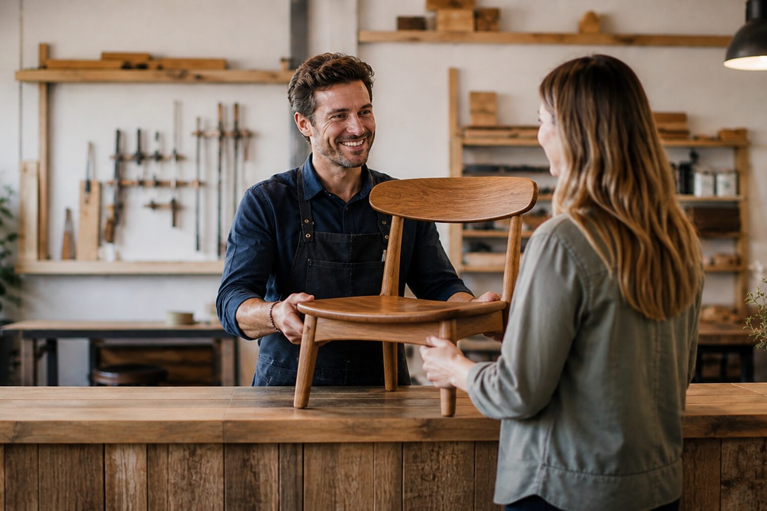 Schreiner überreicht einem Kunden lächelnd einen handgefertigten Holzstuhl an der Werkstatttheke.