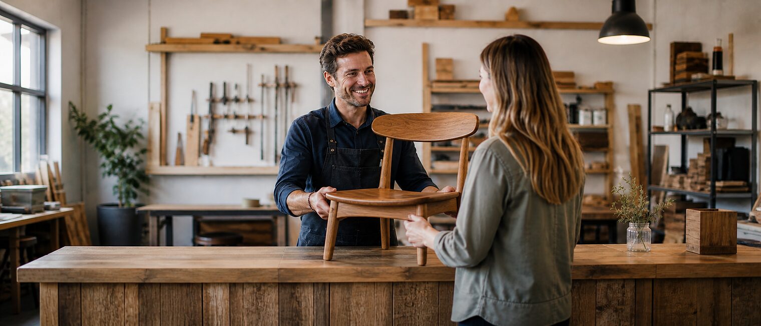 Schreiner überreicht einem Kunden lächelnd einen handgefertigten Holzstuhl an der Werkstatttheke.